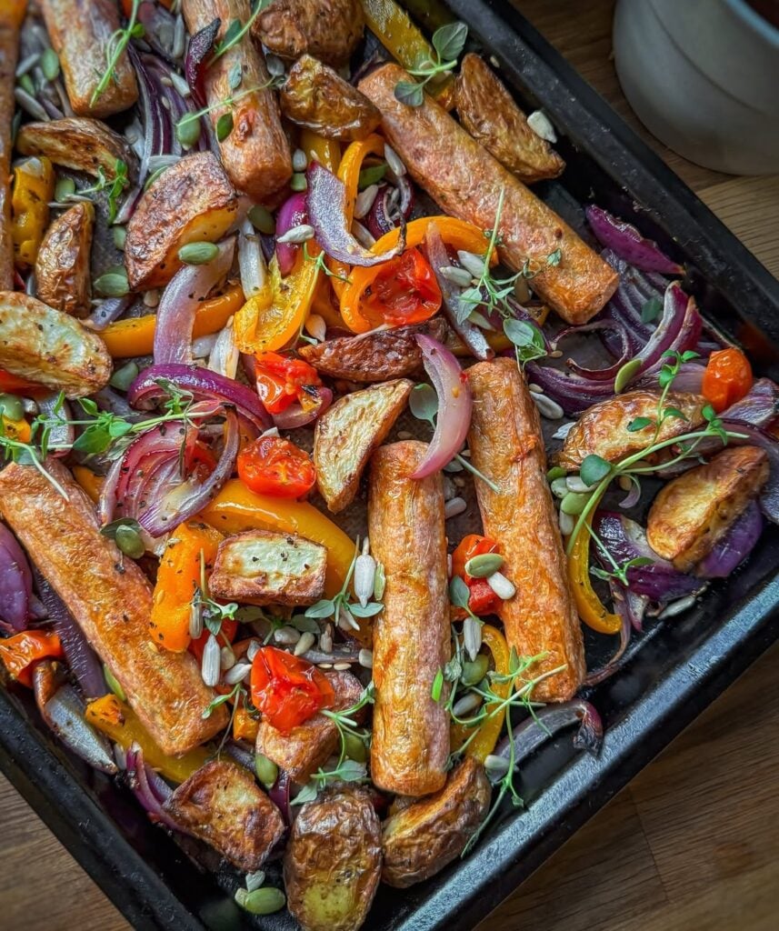 One-pan veggie sausage tray bake